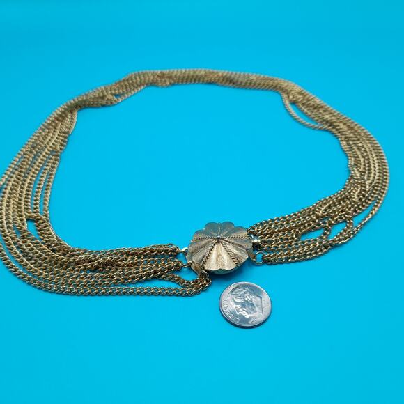 Vintage Japan Multi-Strand Gold Tone Necklace, Layered Chains, Floral Clasp, 19 - Picture 10 of 10